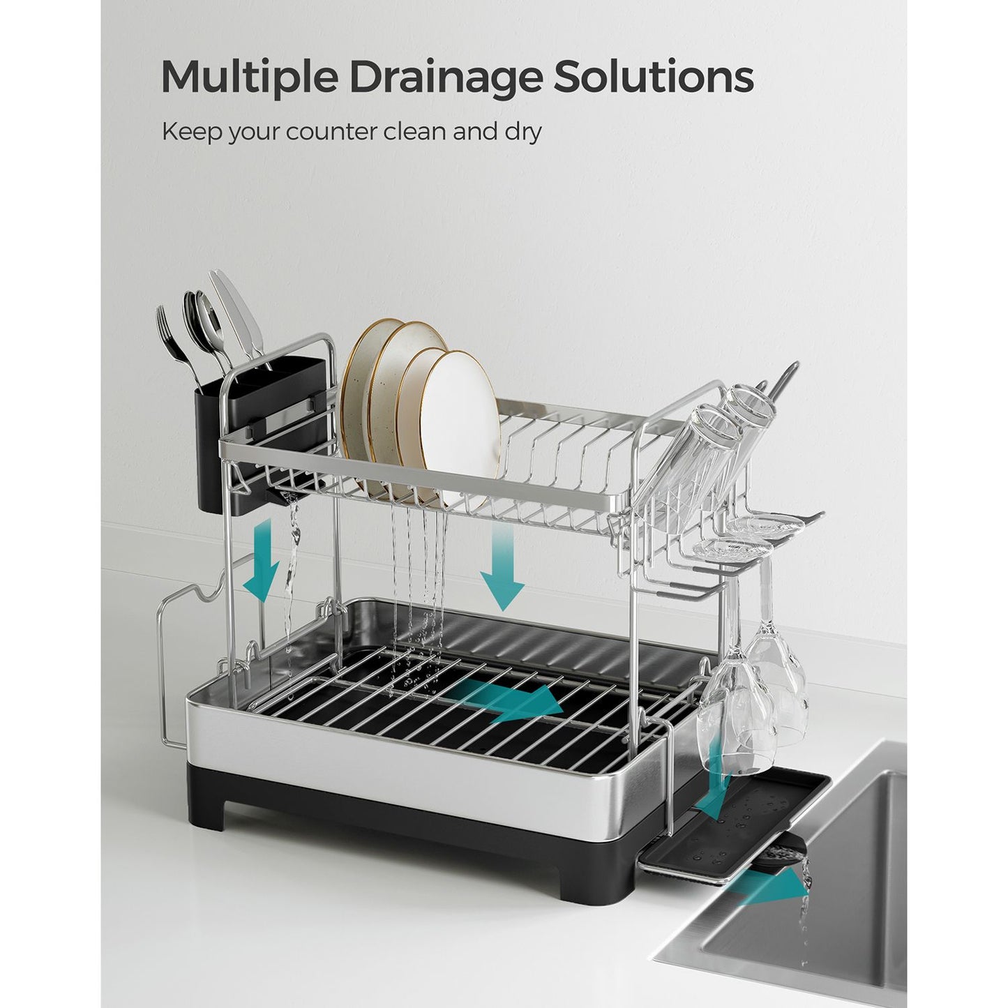 2 Tier Dish Rack for Kitchen Counter with Rotatable and Extendable Drain Spout
