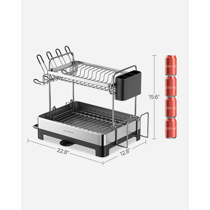2 Tier Dish Rack for Kitchen Counter with Rotatable and Extendable Drain Spout