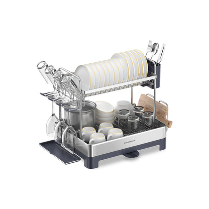 2 Tier Dish Rack for Kitchen Counter with Rotatable and Extendable Drain Spout