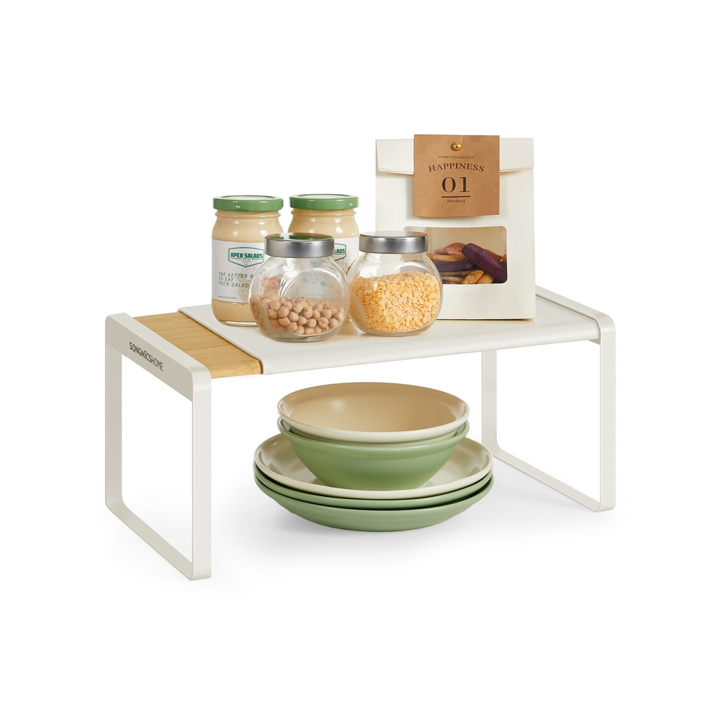 Spice Rack Extendable Kitchen Organiser Shelf Bamboo and Cream White