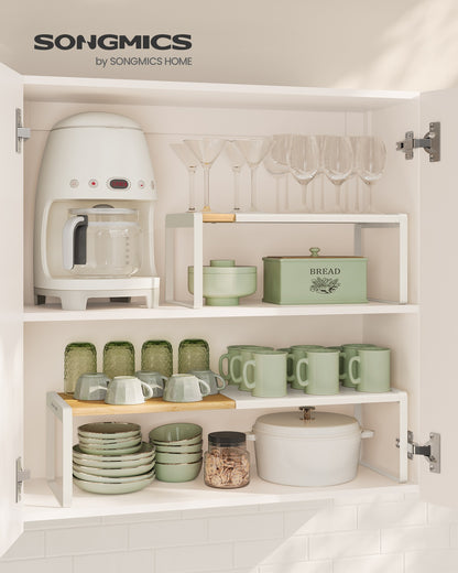 Spice Rack Extendable Kitchen Organiser Shelf Bamboo and Cream White
