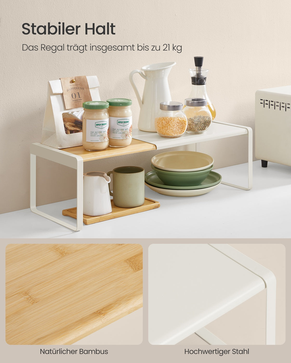 Spice Rack Extendable Kitchen Organiser Shelf Bamboo and Cream White