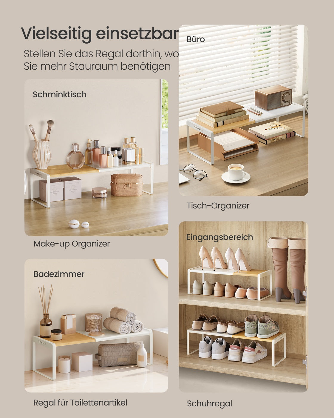 Spice Rack Extendable Kitchen Organiser Shelf Bamboo and Cream White