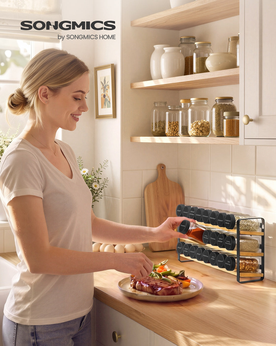 Rotating Spice Rack with 16 Glass Jars White and Bamboo - image 10