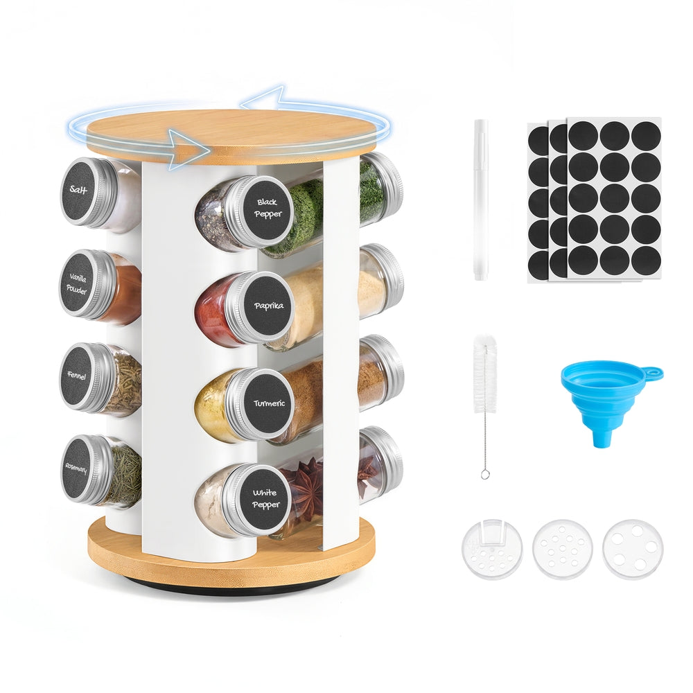 Rotating Spice Rack with 16 Glass Jars White and Bamboo - image 1