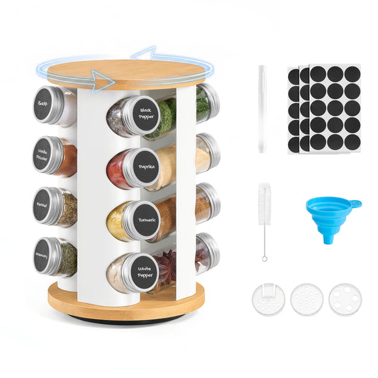 Rotating Spice Rack with 16 Glass Jars White and Bamboo - image 1