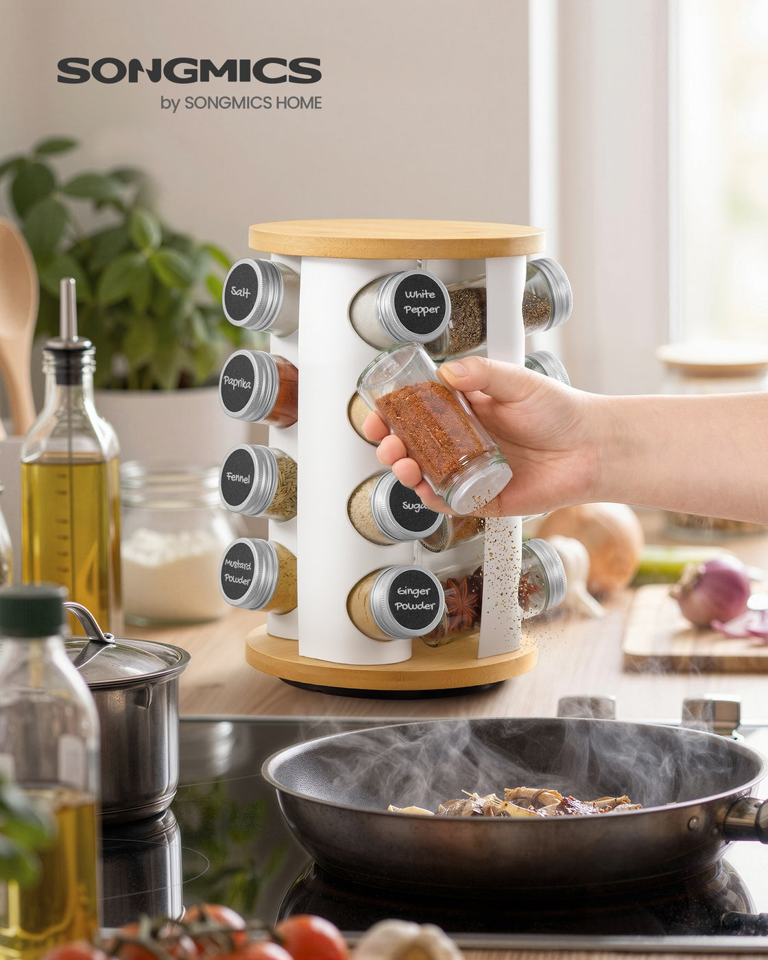 Rotating Spice Rack with 16 Glass Jars White and Bamboo - image 2