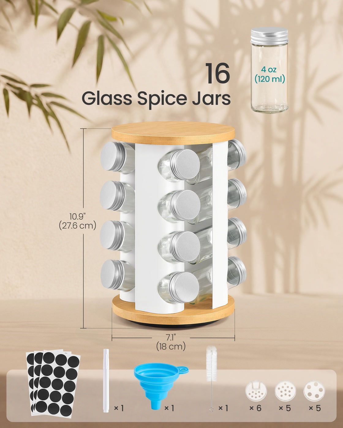 Rotating Spice Rack with 16 Glass Jars White and Bamboo - image 7