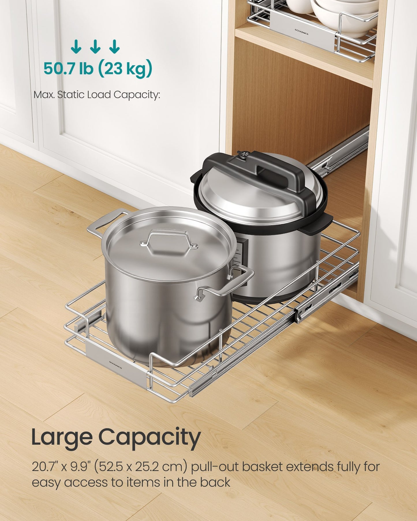 Pull Out Cabinet Organizer, Heavy Duty Steel, Slide Out Shelf, 21.3"x11.6"x5.3", Silver - image 3