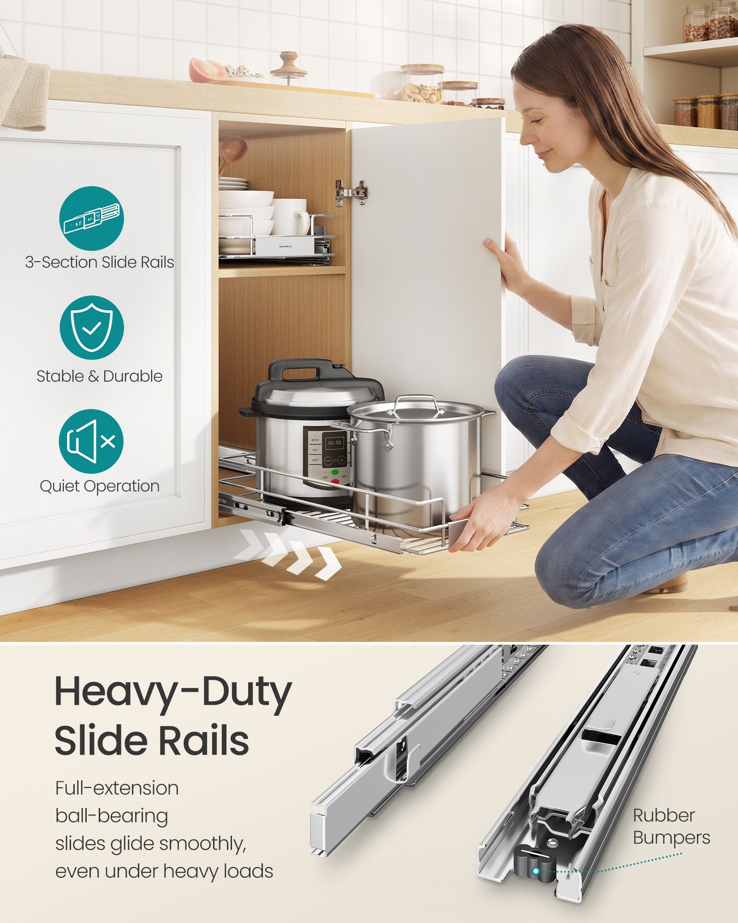 Pull Out Cabinet Organizer, Heavy Duty Steel, Slide Out Shelf, 21.3"x11.6"x5.3", Silver - image 5