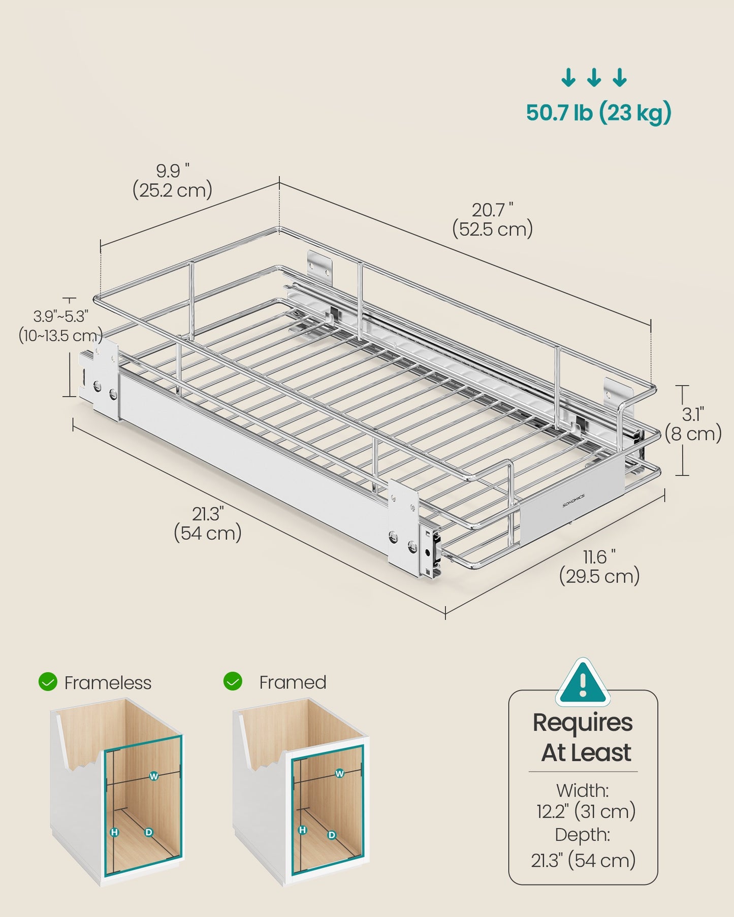 Pull Out Cabinet Organizer, Heavy Duty Steel, Slide Out Shelf, 21.3"x11.6"x5.3", Silver - image 6