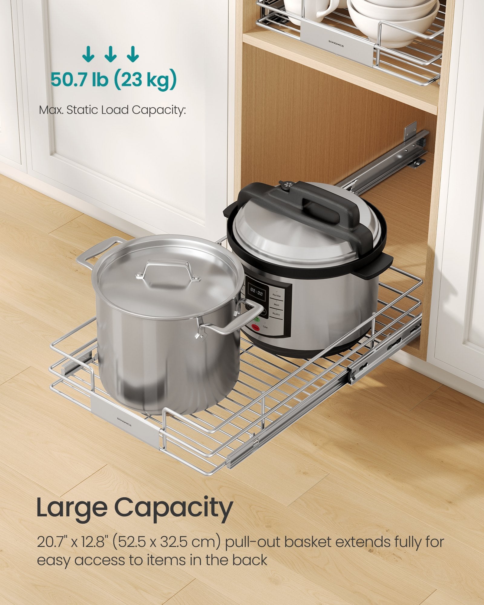 Pull Out Cabinet Organizer, Heavy Duty Steel, Slide Out Shelf, 21.3"x11.6"x5.3", Silver - image 17
