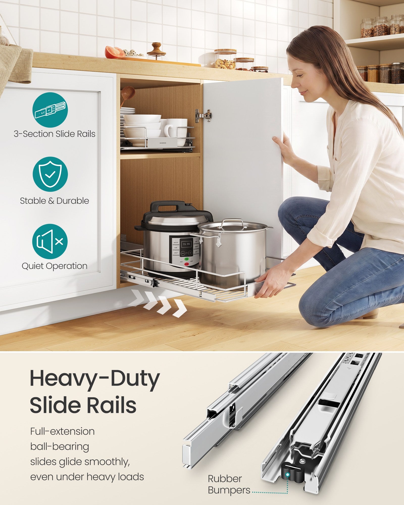 Pull Out Cabinet Organizer, Heavy Duty Steel, Slide Out Shelf, 21.3"x11.6"x5.3", Silver - image 19