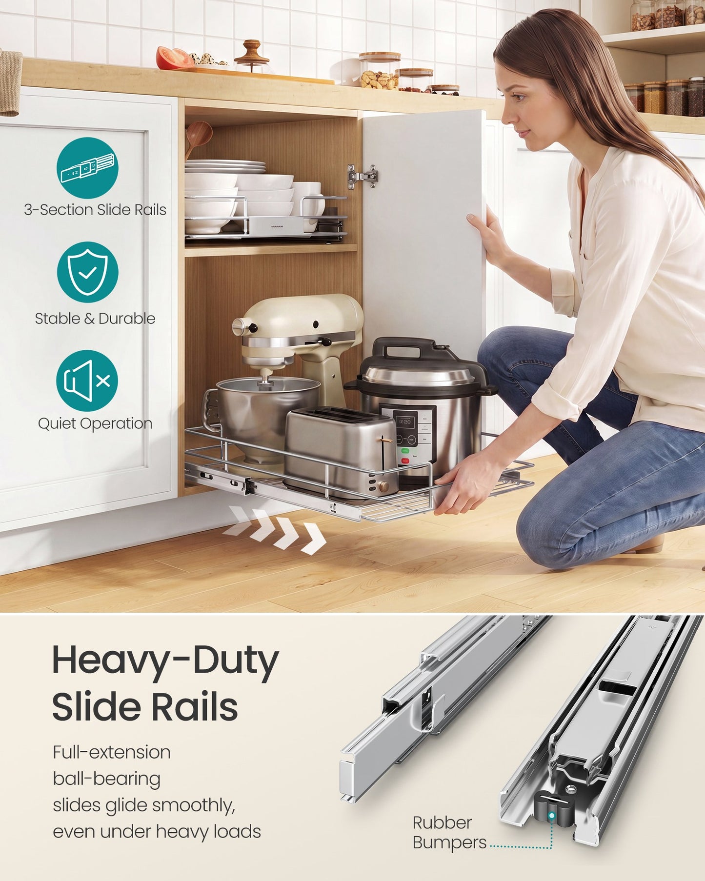Pull Out Cabinet Organizer, Heavy Duty Steel, Slide Out Shelf, 21.3"x11.6"x5.3", Silver - image 26