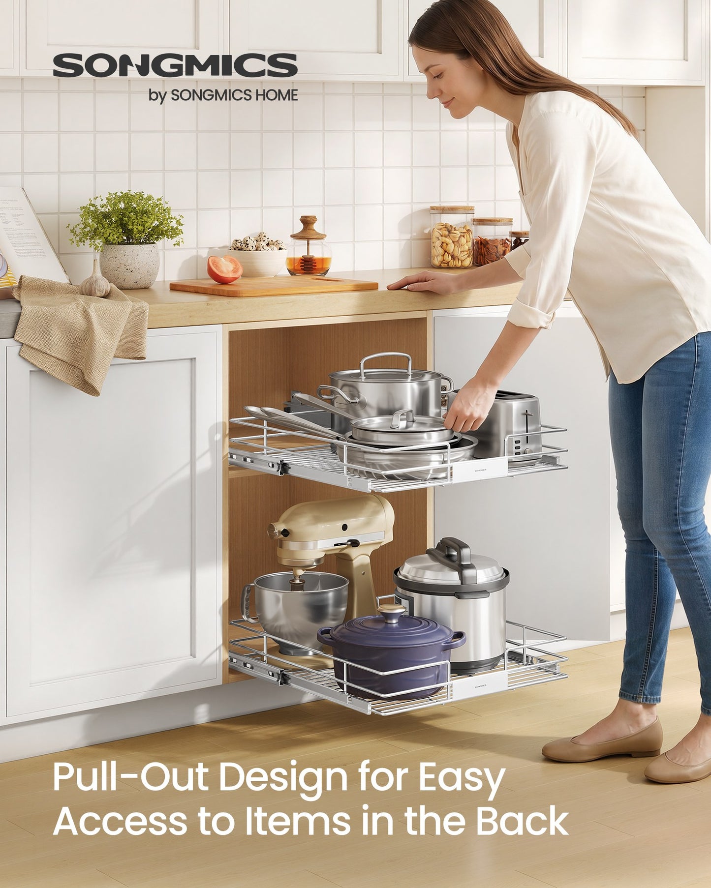 Pull Out Cabinet Organizer, Heavy Duty Steel, Slide Out Shelf, 21.3"x11.6"x5.3", Silver - image 9