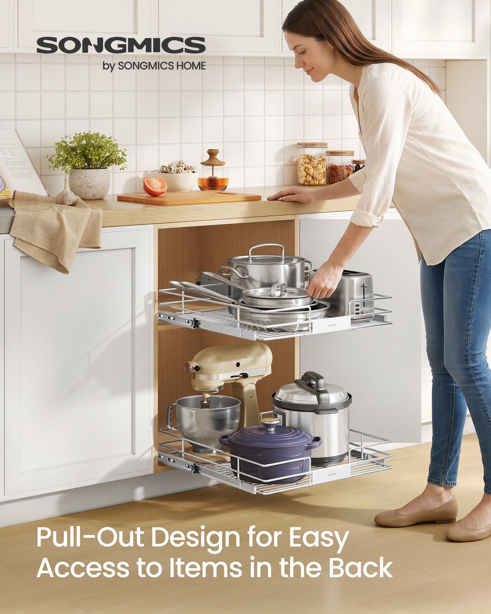Pull Out Cabinet Organizer, Heavy Duty Steel, Slide Out Shelf, 21.3"x11.6"x5.3", Silver - image 9