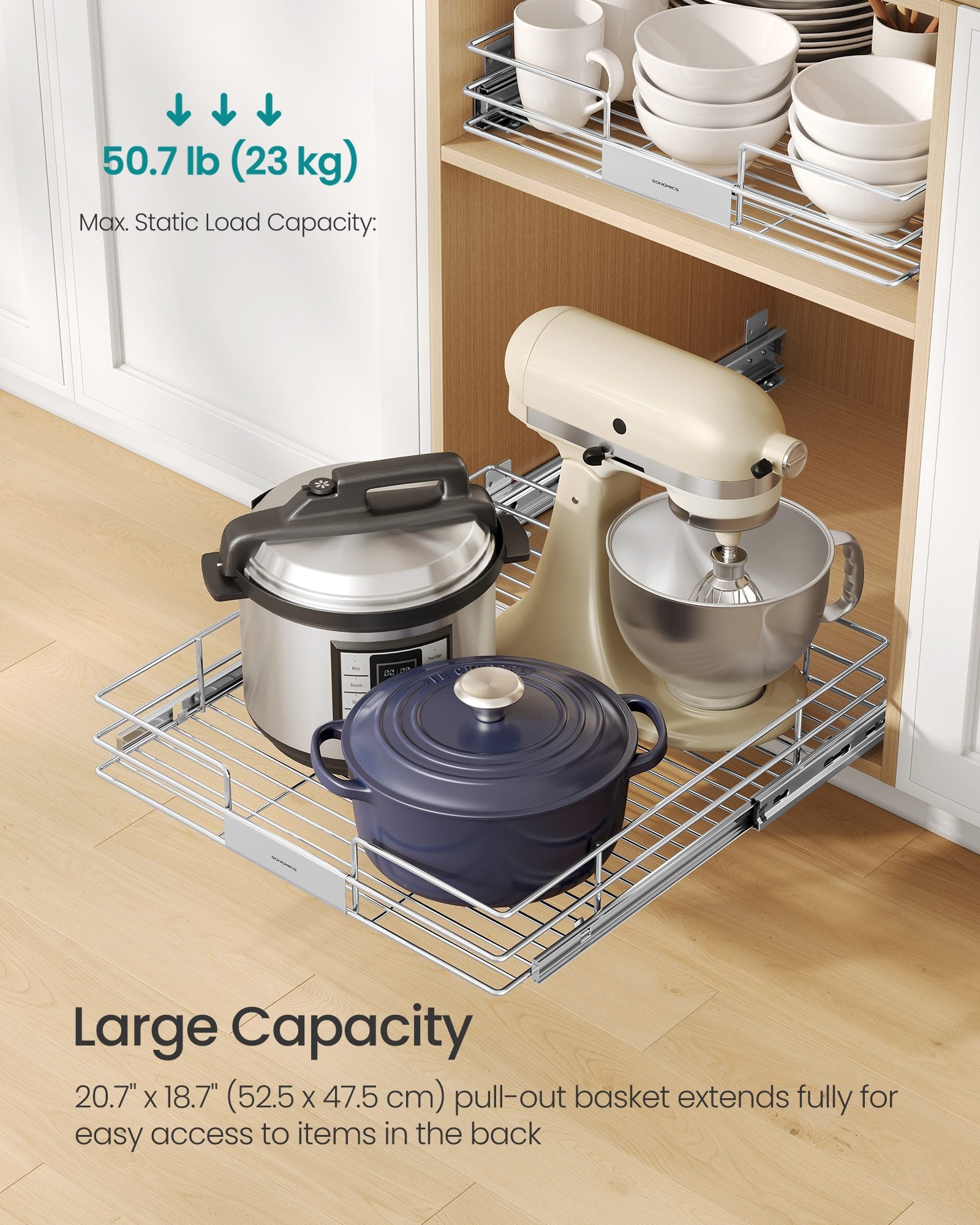 Pull Out Cabinet Organizer, Heavy Duty Steel, Slide Out Shelf, 21.3"x11.6"x5.3", Silver - image 10