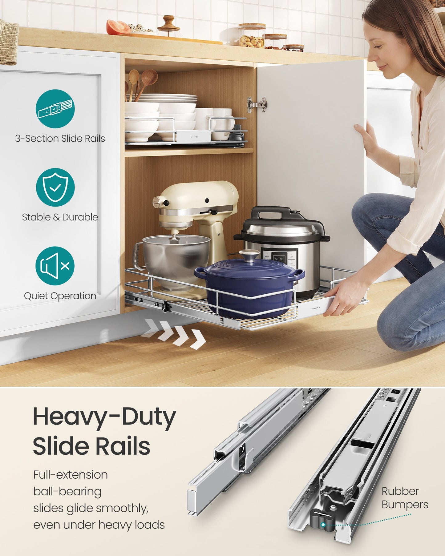 Pull Out Cabinet Organizer, Heavy Duty Steel, Slide Out Shelf, 21.3"x11.6"x5.3", Silver - image 12