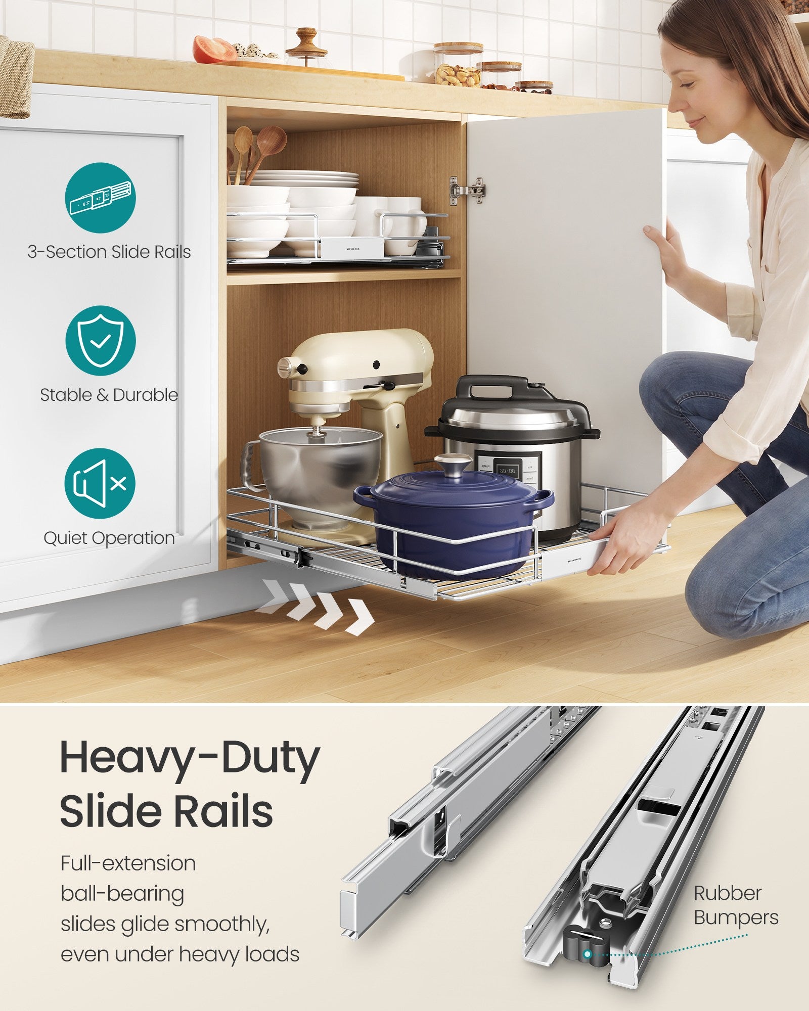 Pull Out Cabinet Organizer, Heavy Duty Steel, Slide Out Shelf, 21.3"x11.6"x5.3", Silver - image 12