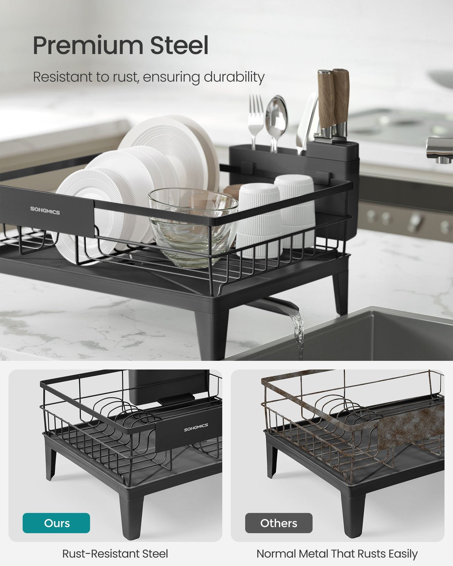Dish Drying Rack, Kitchen Dish Rack, with Drainboard, 360° Rotatable and Extendable Spout