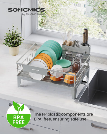 Dish Drying Rack, Kitchen Dish Rack, with Drainboard, 360° Rotatable and Extendable Spout