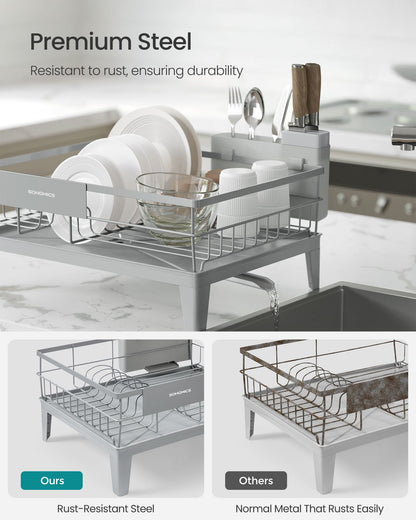 Dish Drying Rack, Kitchen Dish Rack, with Drainboard, 360° Rotatable and Extendable Spout