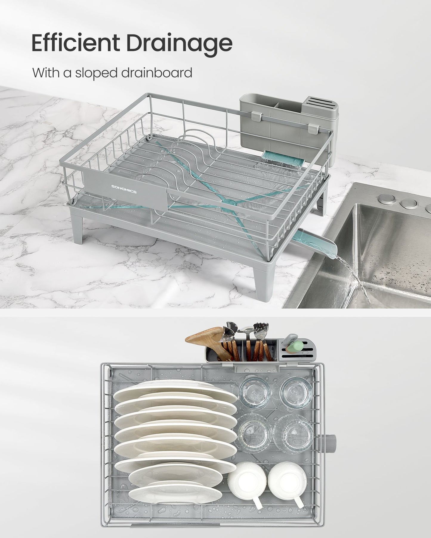 Dish Drying Rack, Kitchen Dish Rack, with Drainboard, 360° Rotatable and Extendable Spout