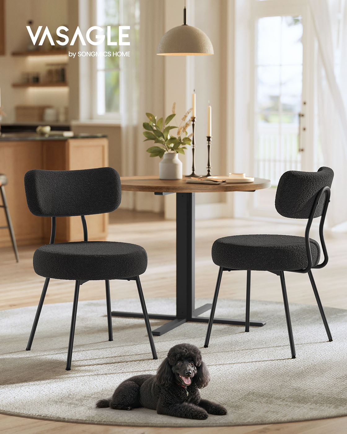 Dining Chairs Set of 2 Teddy Fleece Curved Backrest Steel Frame