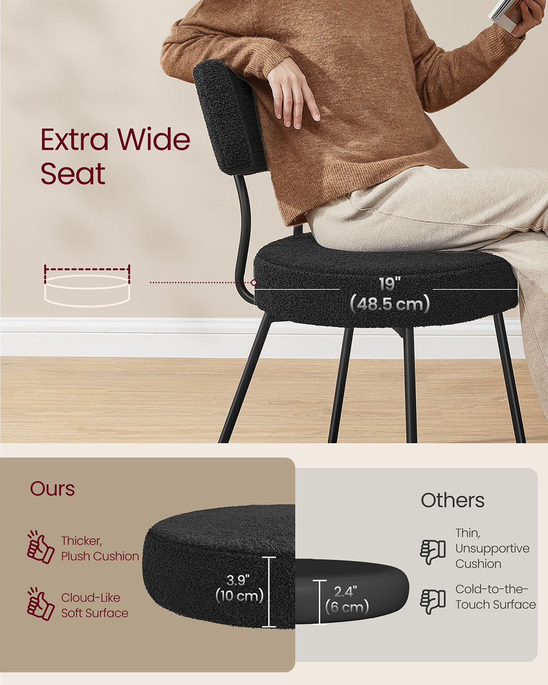 Dining Chairs Set of 2 Teddy Fleece Curved Backrest Steel Frame
