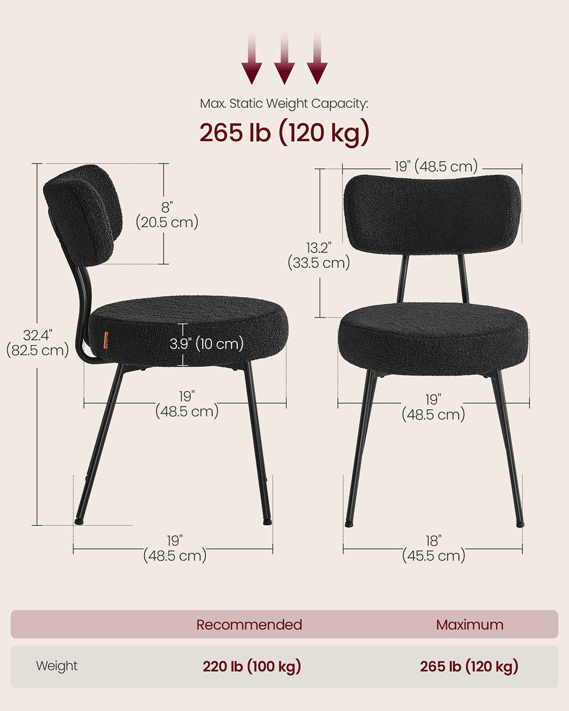 Dining Chairs Set of 2 Teddy Fleece Curved Backrest Steel Frame
