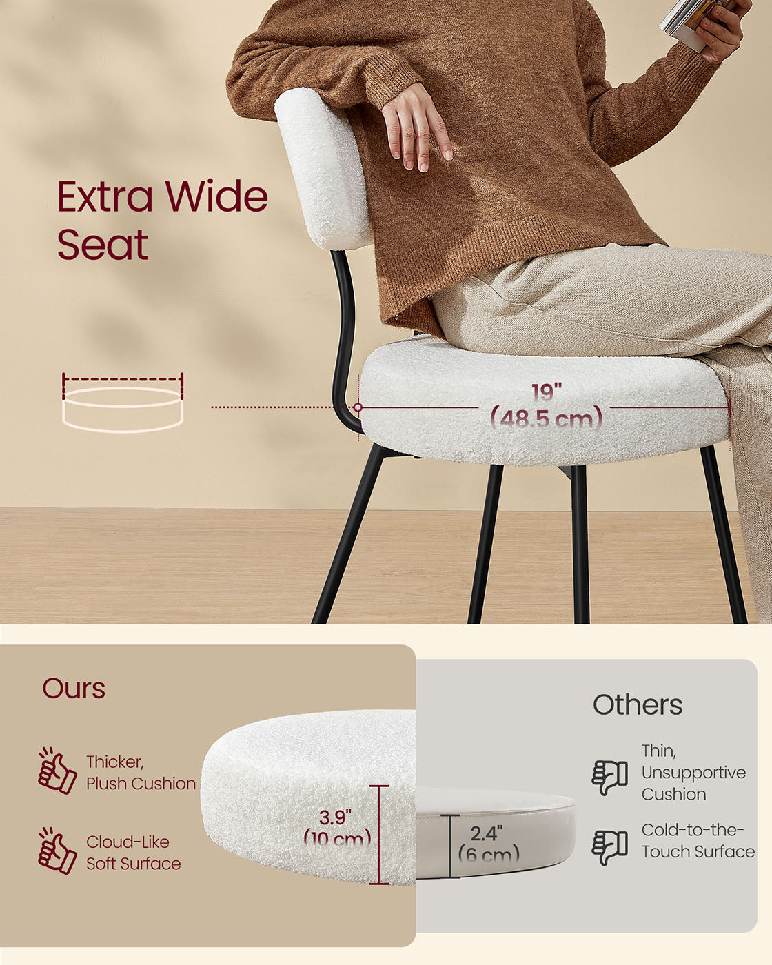 Dining Chairs Set of 2 Teddy Fleece Curved Backrest Steel Frame