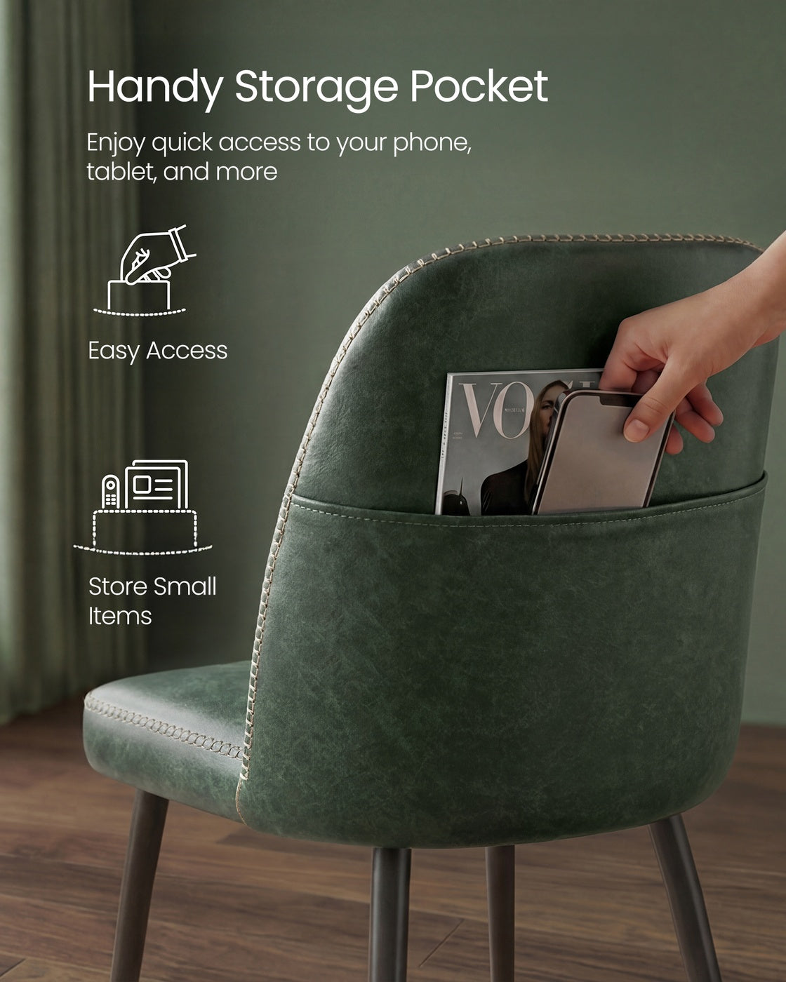 Synthetic leather dining chair with storage pocket