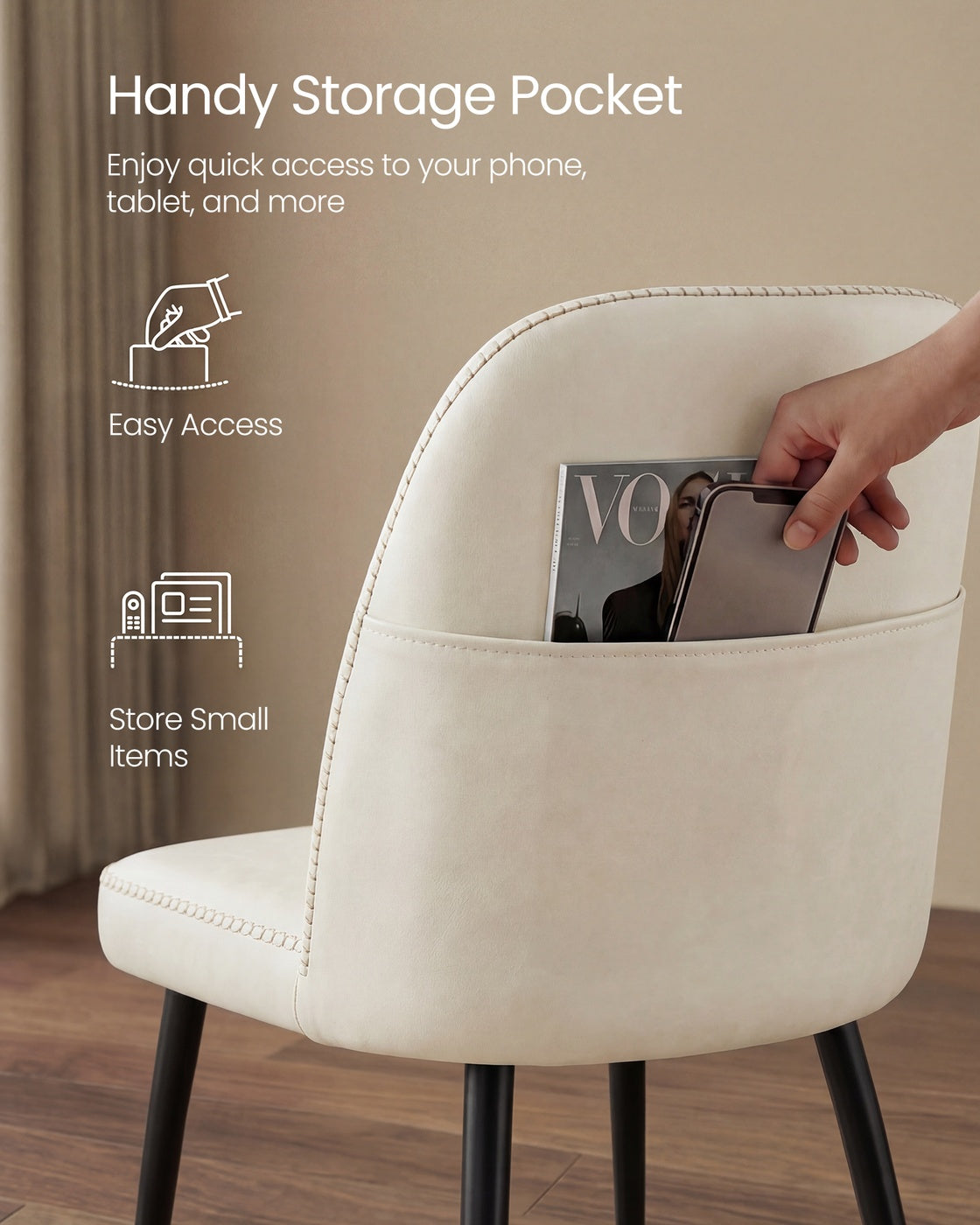 Synthetic leather dining chair with storage pocket