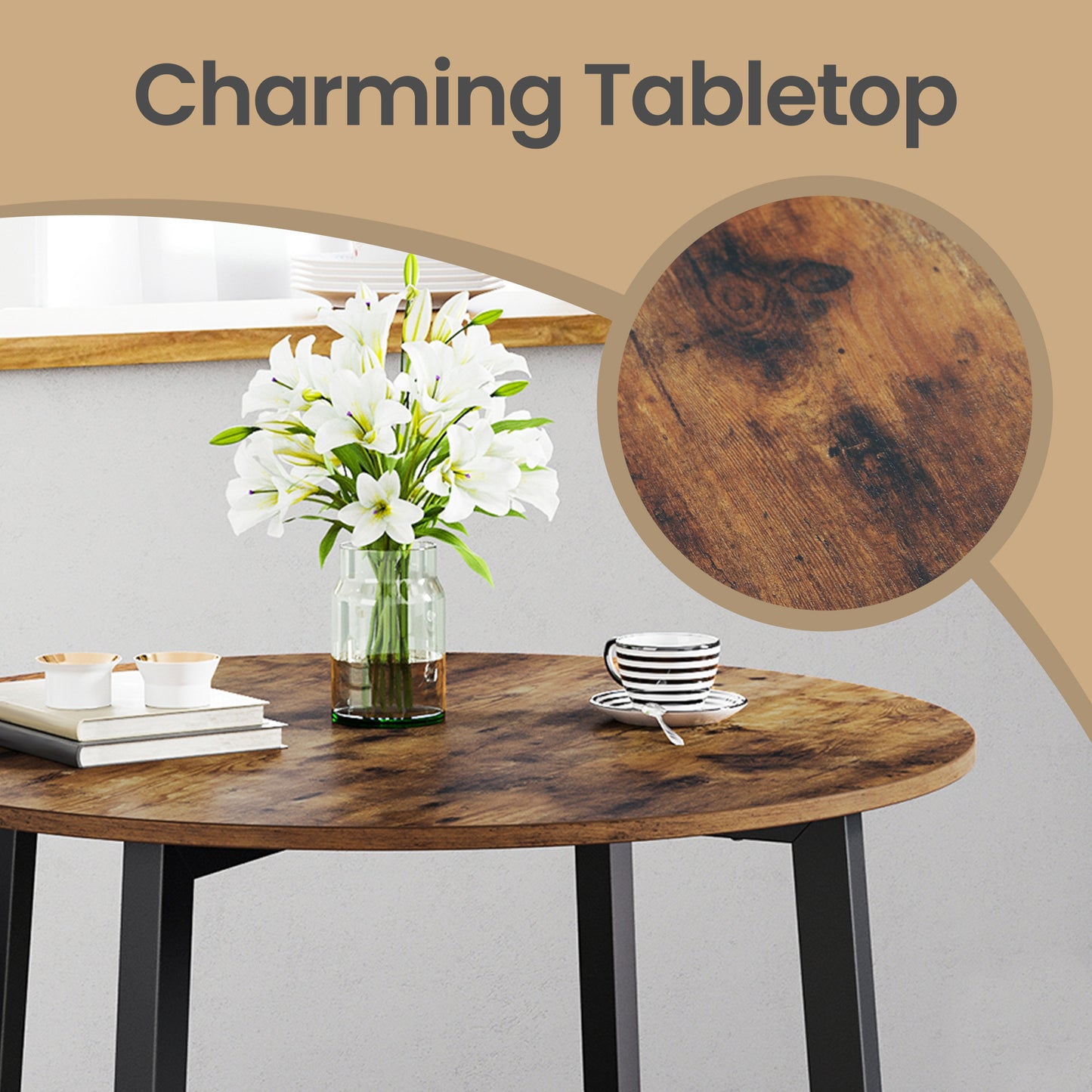 Round Dining Table, Industrial Table for Kitchen, Living Room, Rustic Brown and Black - image 7