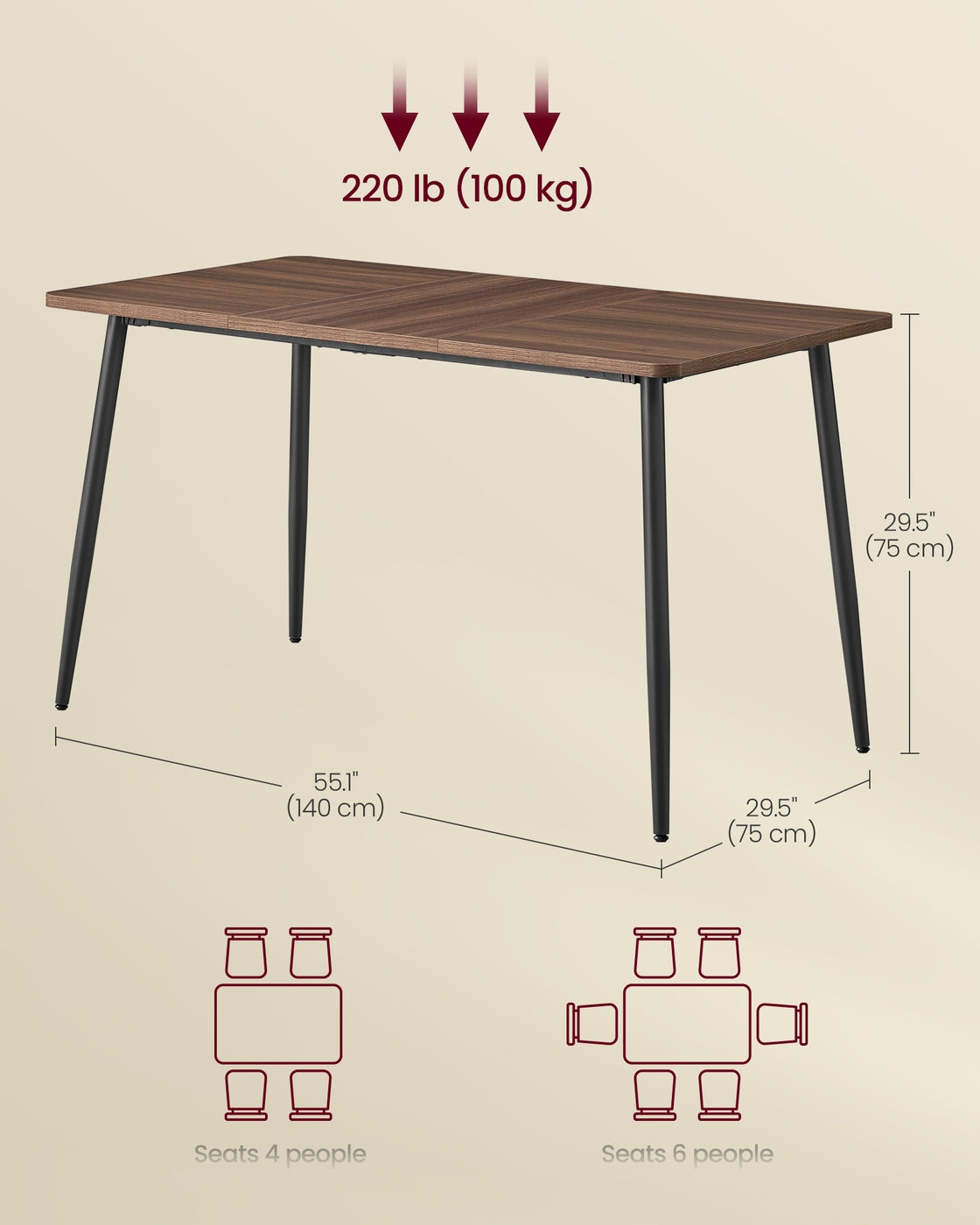 Dining Table Seats 4-6 People 75 x 140 x 75 cm Natural Walnut and Ink Black - image 3