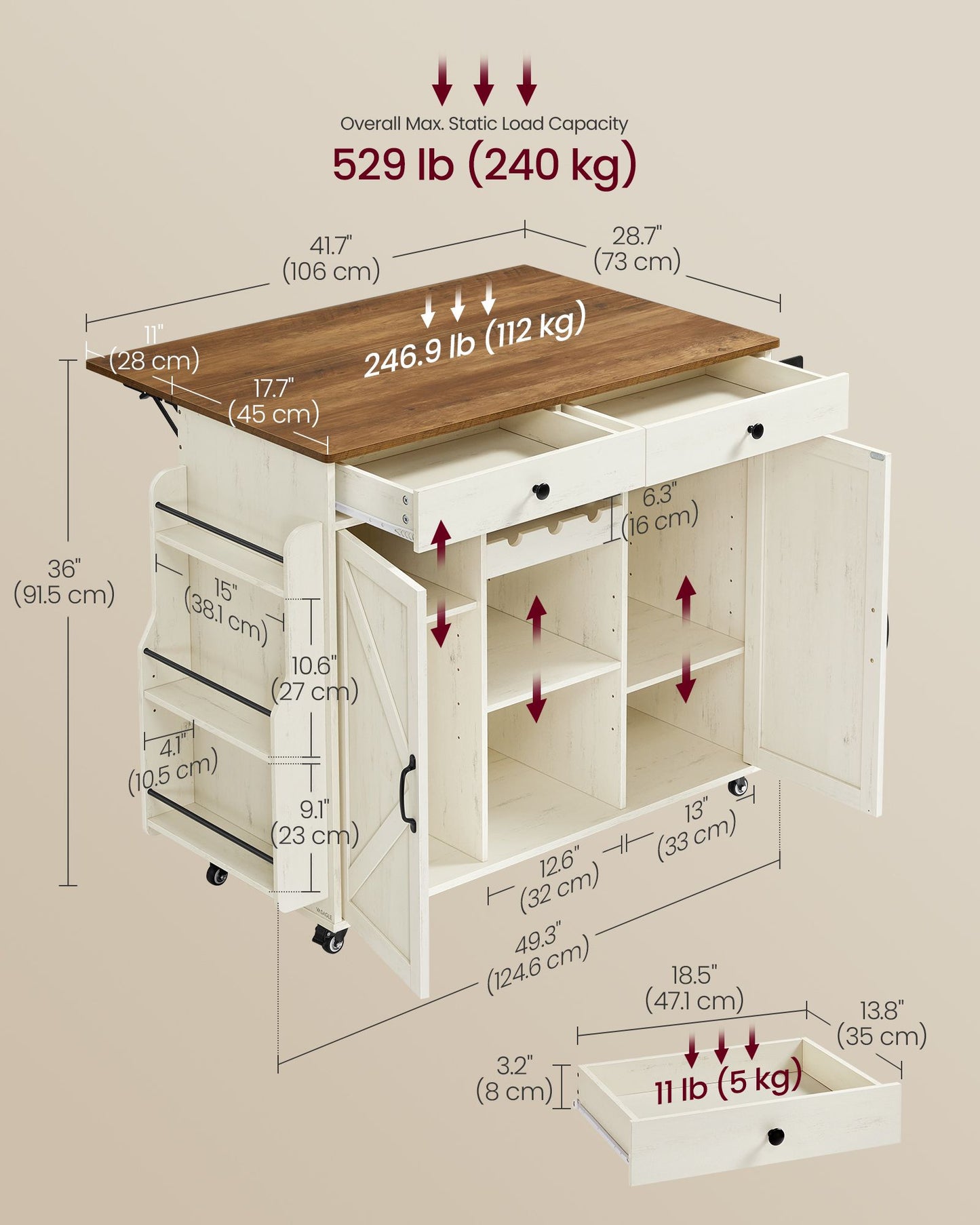 Mobile Kitchen Island with Drop Leaf, Portable Island with Spice Rack, Mobile Cart with Storage Cabinet - image 5