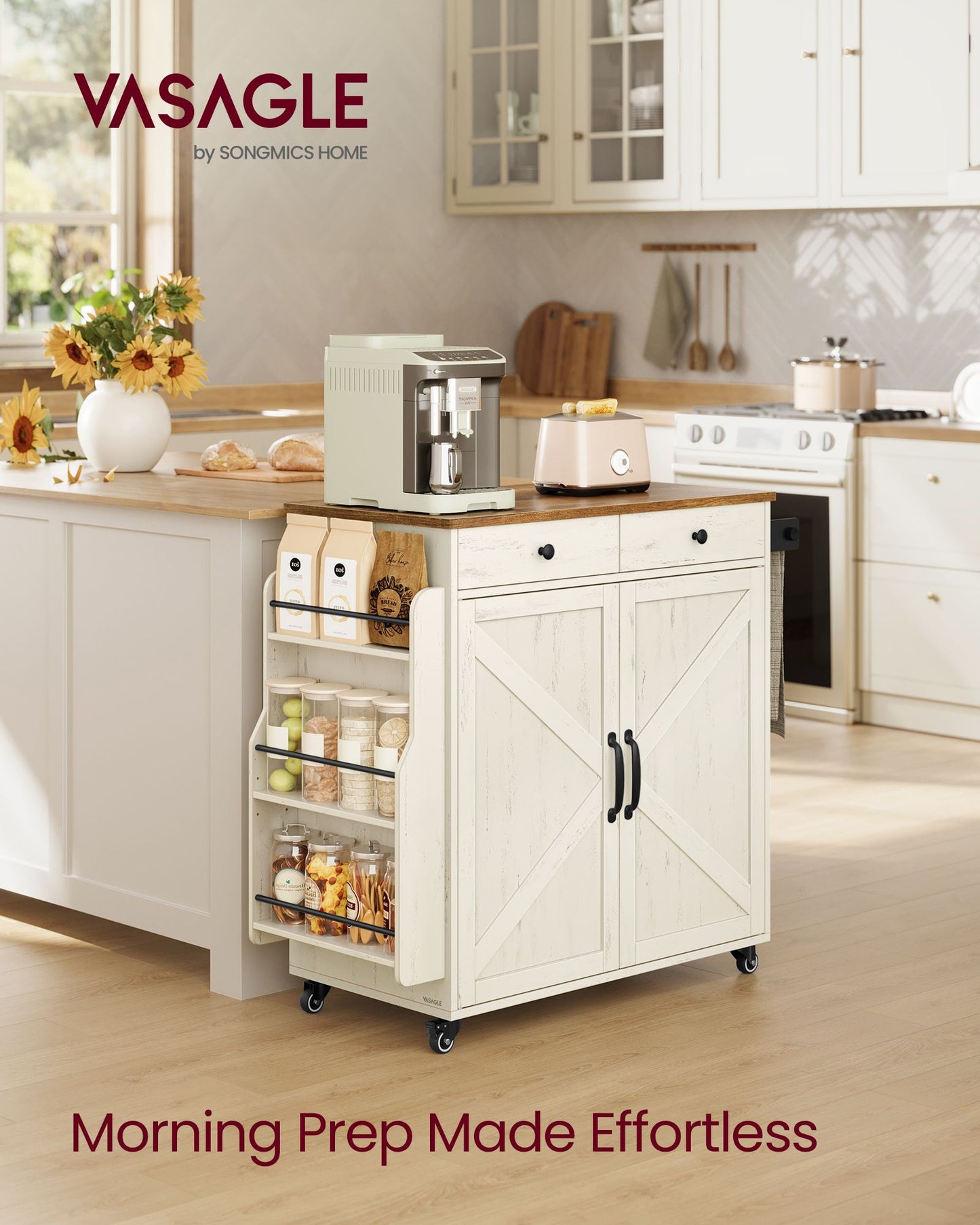 Mobile Kitchen Island, Portable Island with Spice Rack, Mobile Cart with Storage Cabinet