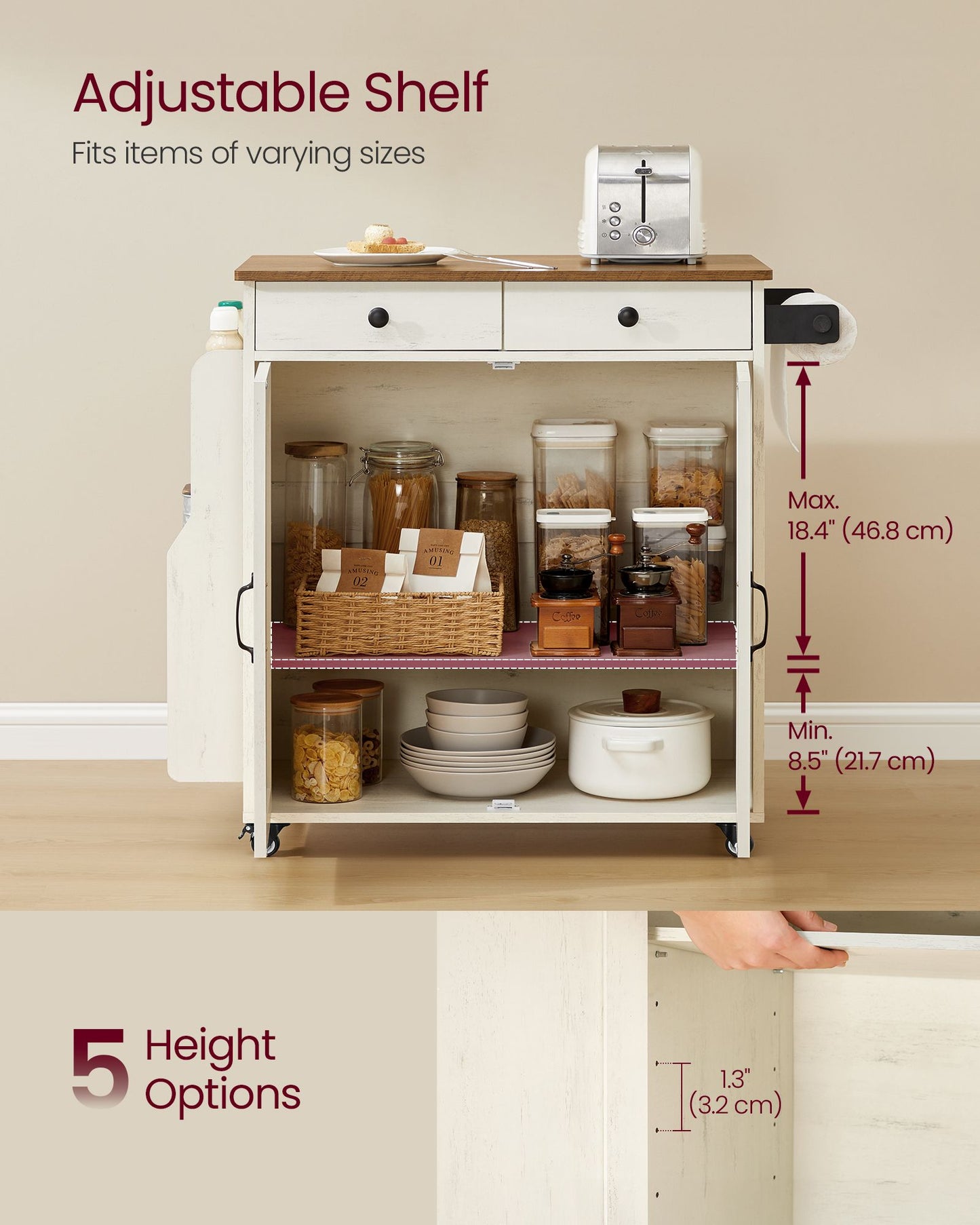 Mobile Kitchen Island, Portable Island with Spice Rack, Mobile Cart with Storage Cabinet