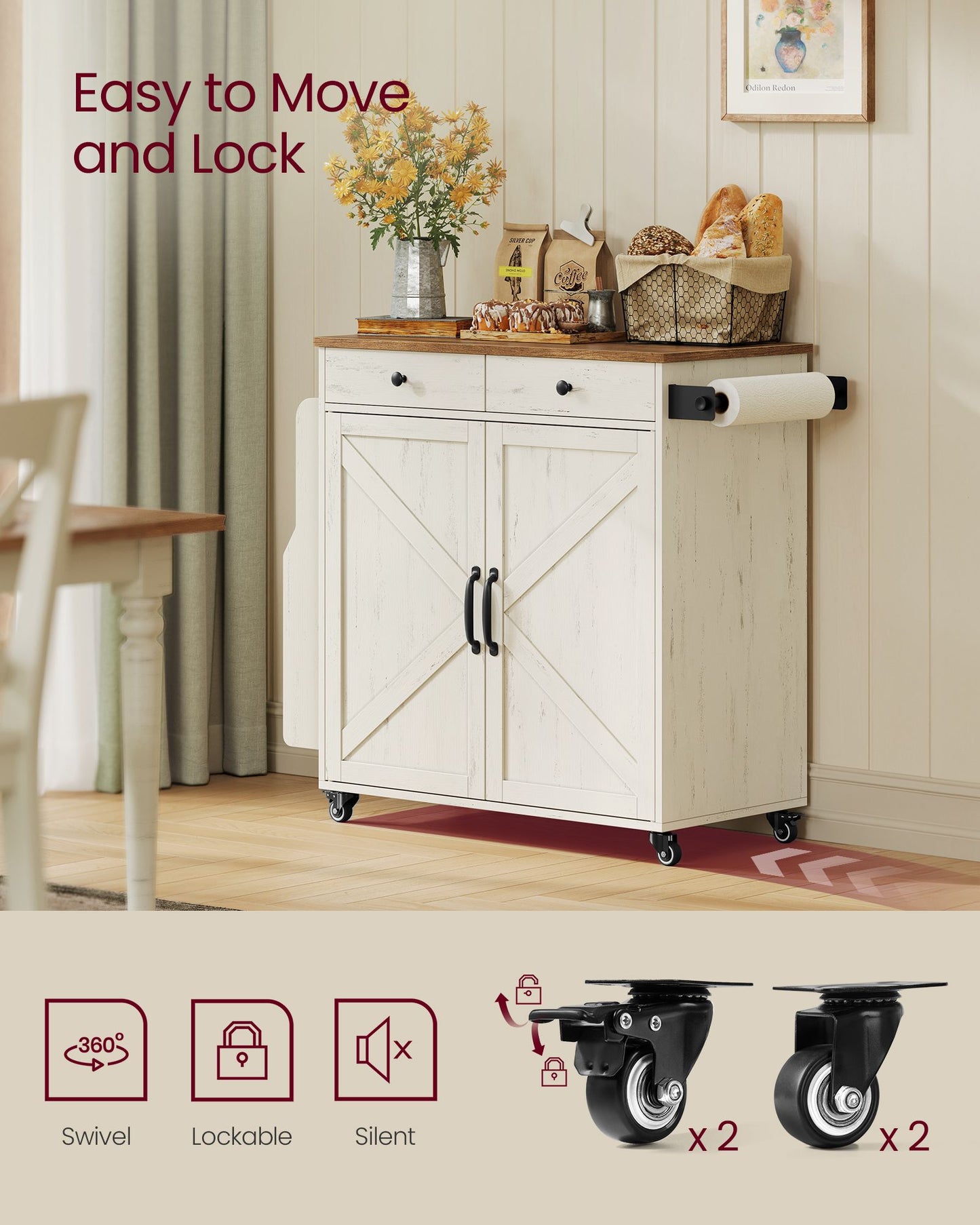 Mobile Kitchen Island, Portable Island with Spice Rack, Mobile Cart with Storage Cabinet