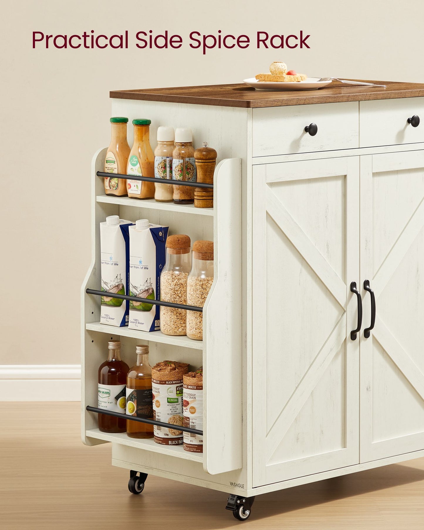 Mobile Kitchen Island, Portable Island with Spice Rack, Mobile Cart with Storage Cabinet