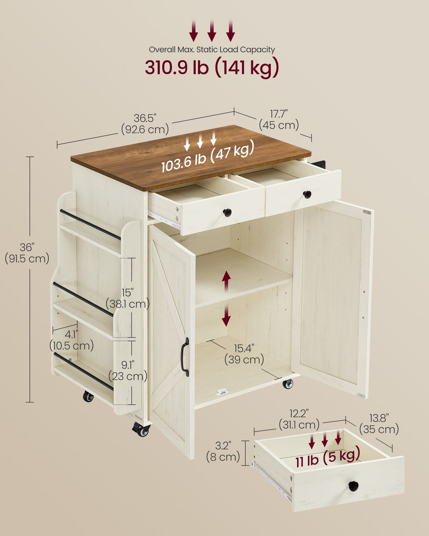 Mobile Kitchen Island, Portable Island with Spice Rack, Mobile Cart with Storage Cabinet