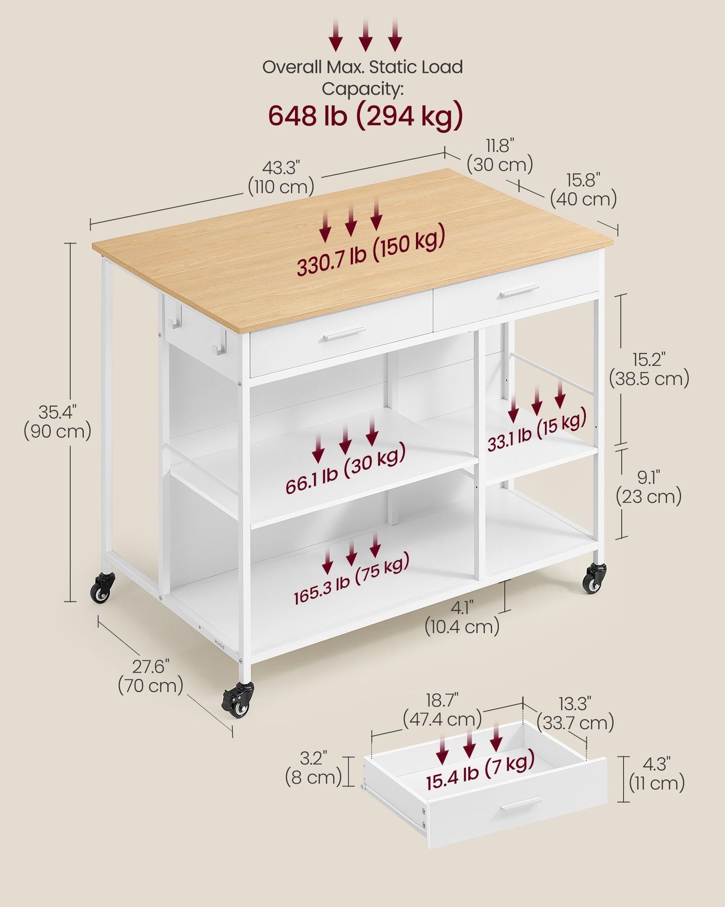 Kitchen Rolling Island, Mobile Kitchen Cart with Storage on Wheels
