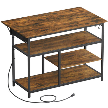 Kitchen Island with Drop Leaf, 47.2" Width Rolling Kitchen Cart with Power Strip, Extendable Worktop - Rustic Brown + Ink Black