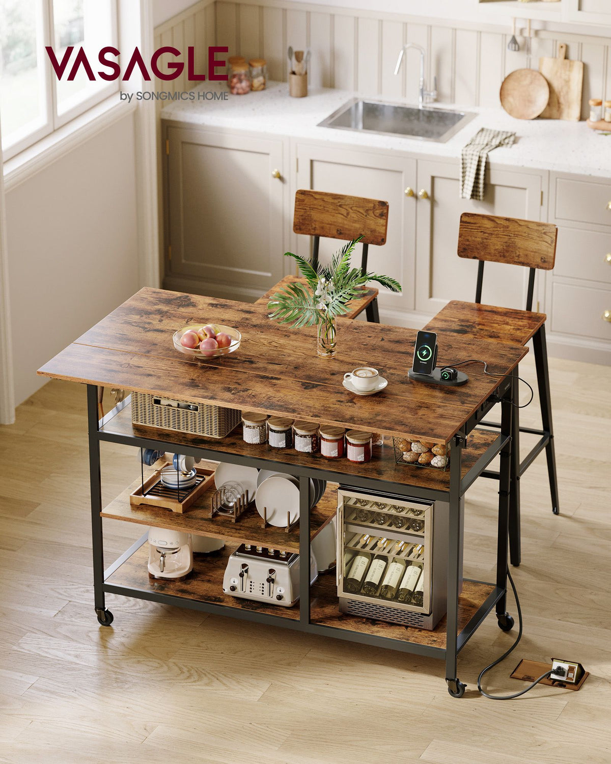 Kitchen Island with Drop Leaf, 47.2" Width Rolling Kitchen Cart with Power Strip, Extendable Worktop