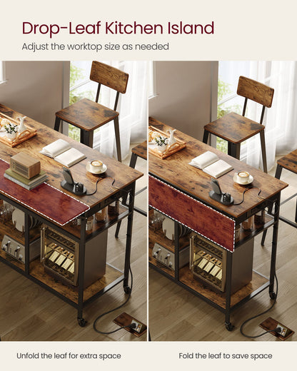 Kitchen Island with Drop Leaf, 47.2" Width Rolling Kitchen Cart with Power Strip, Extendable Worktop
