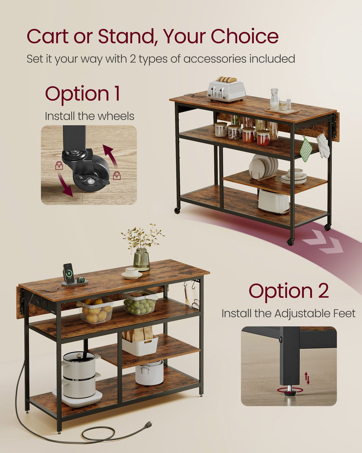 Kitchen Island with Drop Leaf, 47.2" Width Rolling Kitchen Cart with Power Strip, Extendable Worktop