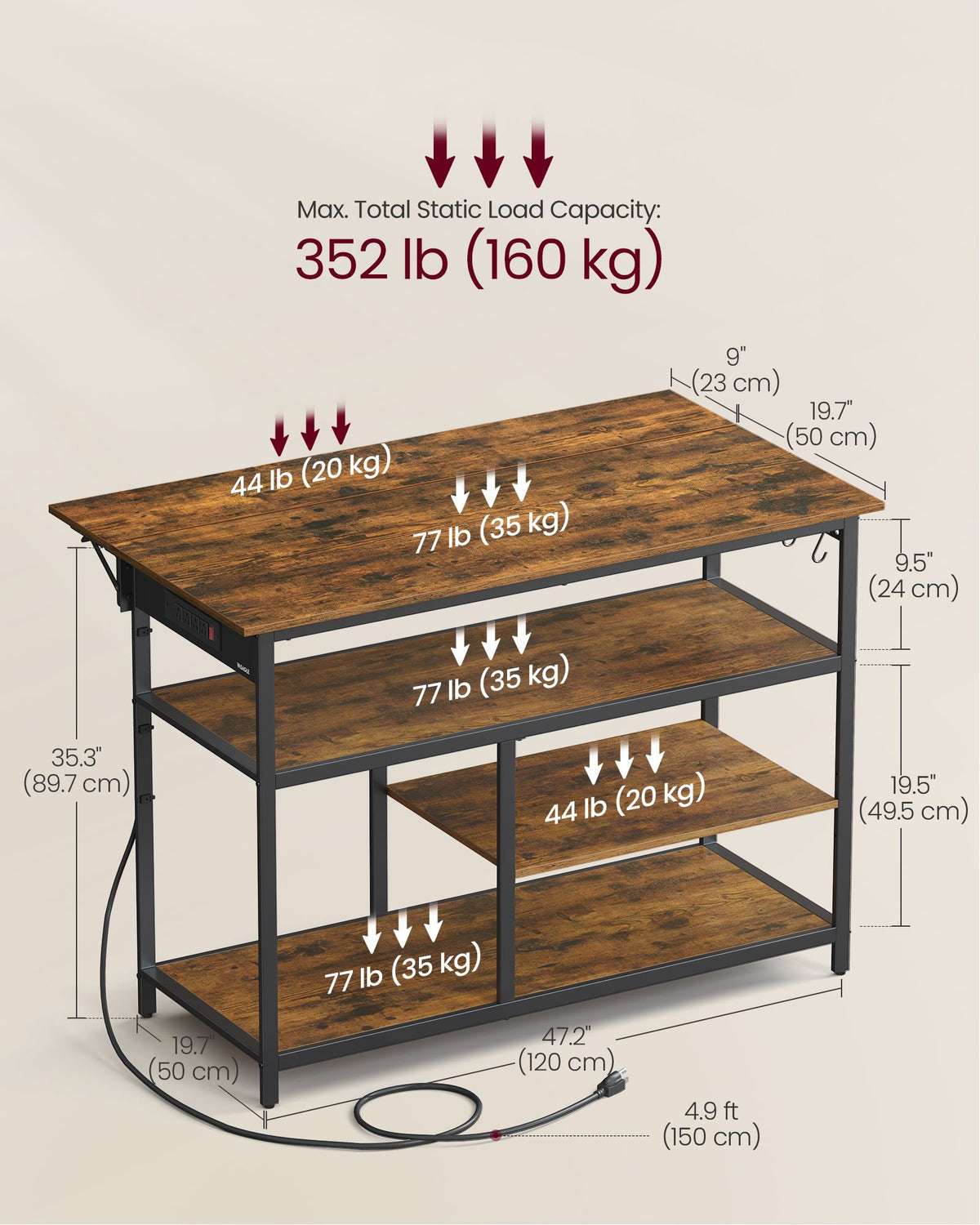 Kitchen Island with Drop Leaf, 47.2" Width Rolling Kitchen Cart with Power Strip, Extendable Worktop