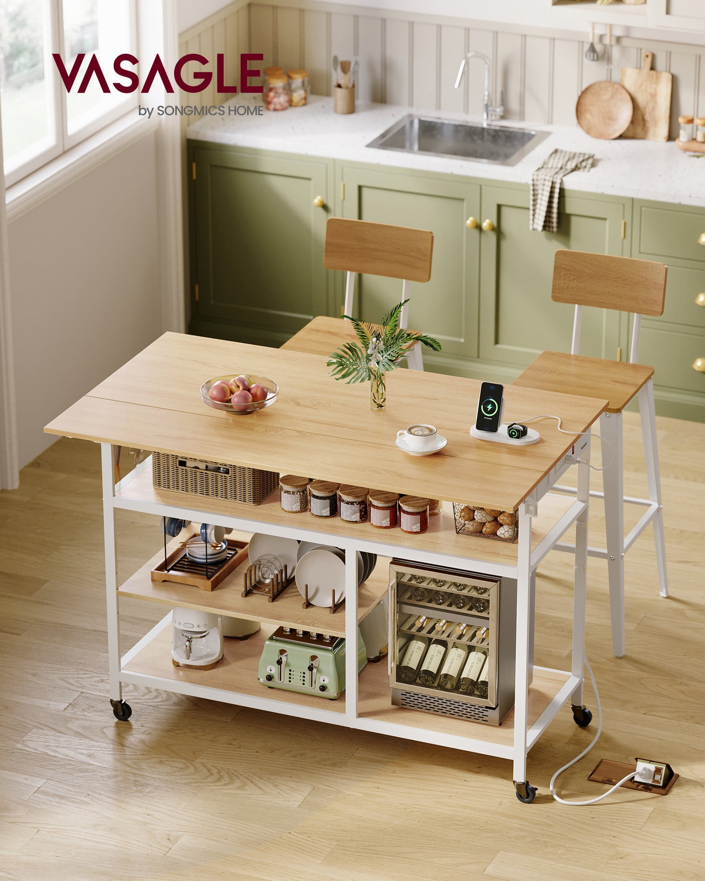 Kitchen Island with Drop Leaf, 47.2" Width Rolling Kitchen Cart with Power Strip, Extendable Worktop