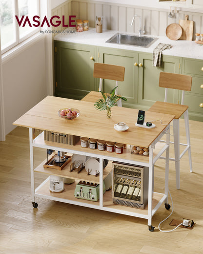 Kitchen Island with Drop Leaf, 47.2" Width Rolling Kitchen Cart with Power Strip, Extendable Worktop