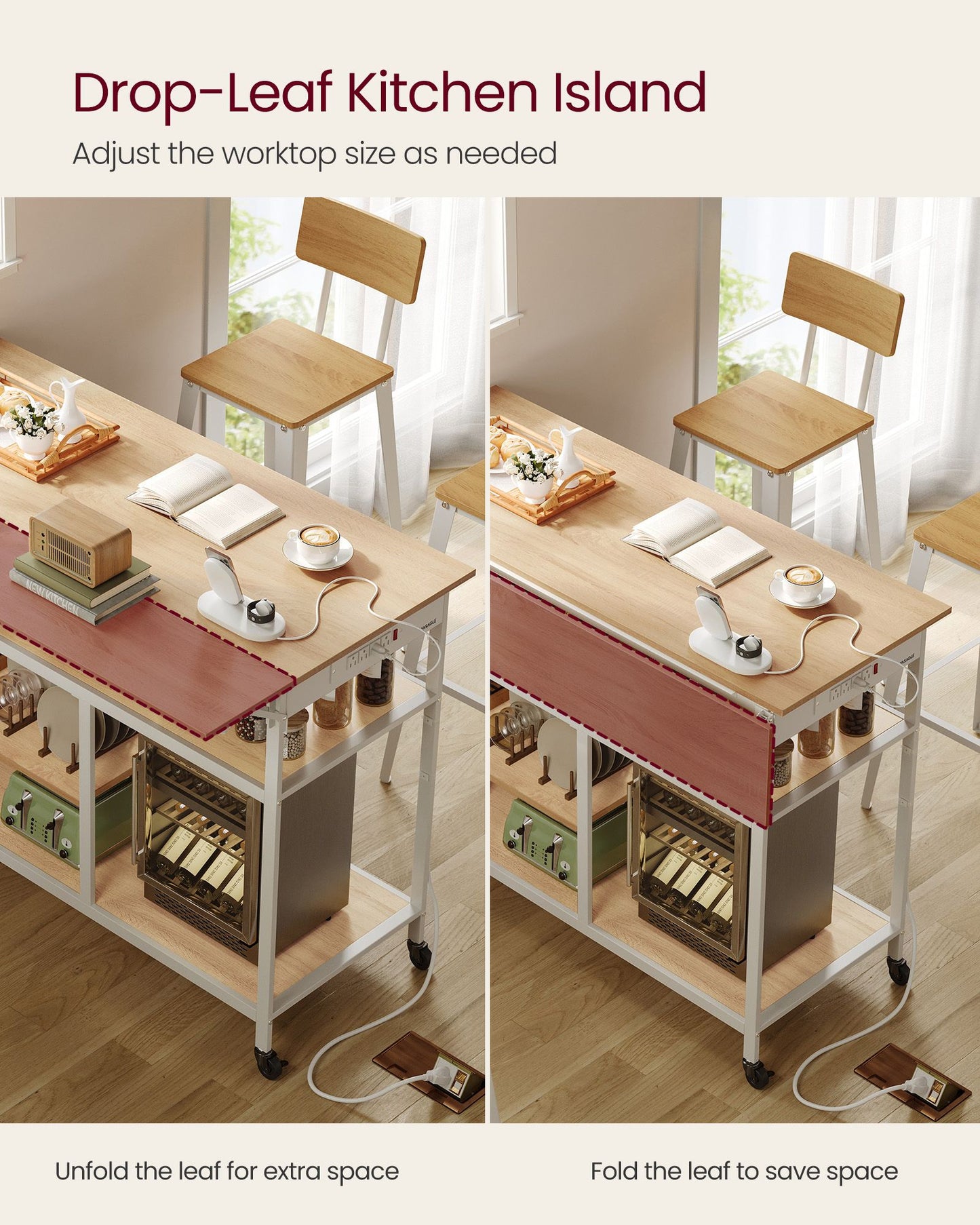 Kitchen Island with Drop Leaf, 47.2" Width Rolling Kitchen Cart with Power Strip, Extendable Worktop
